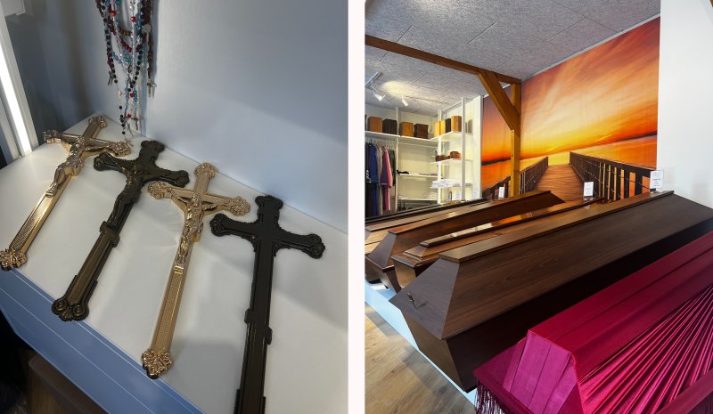 Похоронное отделение Angel на улице Бикерниеку — кресты и саркофаг доступны на месте